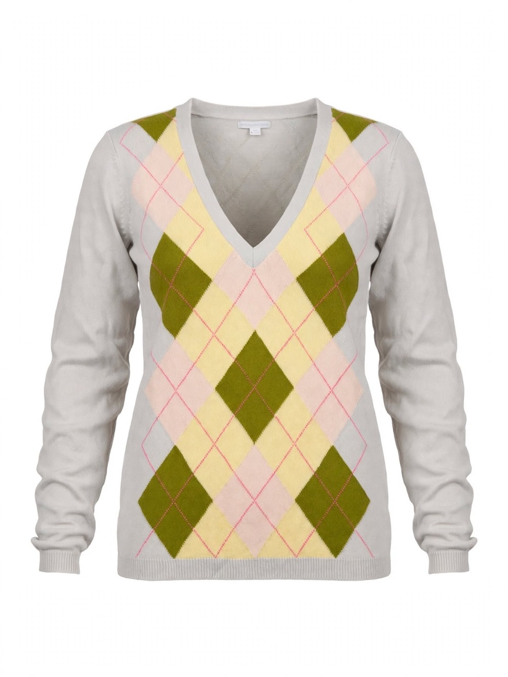 New York and Co V-Neck Argyle Sweater in Light Gray, Olive & Pastel Yellow